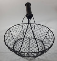 Black Metal Chicken Wire Basket with Wooden Handle 12" Wide