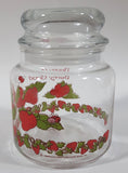 Vintage 1980 American Greetings Strawberry Shortcake's Pink Kitty Cat Pet Crawling On Strawberries 'Berry Good' 5 1/2" Tall Glass Jar with Lid