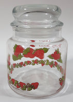 Vintage 1980 American Greetings Strawberry Shortcake's Pink Kitty Cat Pet Crawling On Strawberries 'Berry Good' 5 1/2" Tall Glass Jar with Lid