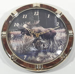 1994 Terry McLean Moose Themed Painting 11 1/2" Round Faux Wood and Plastic Brass Wall Clock