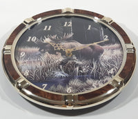 1994 Terry McLean Moose Themed Painting 11 1/2" Round Faux Wood and Plastic Brass Wall Clock