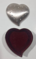 Dark Red Velvet Metal Heart Shaped Small Trinket Box with Clear Rhinestones Missing One Stone