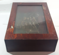 Antique Detailed Wooden Tall Ship Model with Ship Background and Leather Ties in Wood Shadow Box 5 1/4" x 14" x 19"