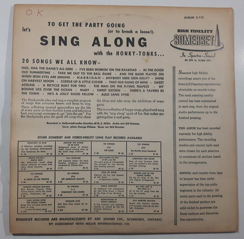 Somerset Records Sing Along with the HonkyTonks 12" Vinyl Record
