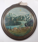 Vintage M.G. Paterson Tasis Hand Painted Deer and Mountains Nature Scene 22" Metal Oil Drum Lid Painting