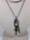 Emerald Blue Green Rhinestone Pendant 15" Long Metal Necklace Missing One Section