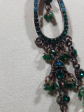 Emerald Blue Green Rhinestone Pendant 15" Long Metal Necklace Missing One Section