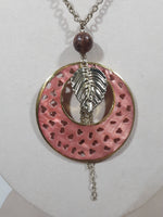Pink Disc Perforated Heart Shapes with Metal Leaf Charm and Wood Bead 20" Long Metal Necklace