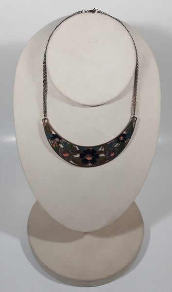Vintage Crescent Shaped Cloisonne Enamel Painted Flower Design Copper Tone 16" Long Metal Necklace