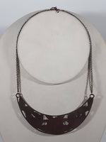 Vintage Crescent Shaped Cloisonne Enamel Painted Flower Design Copper Tone 16" Long Metal Necklace