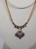 Dark Blue and Sparkling Clear Rhinestone Gold Tone Tube Chain 16" Long Metal Necklace