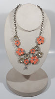 Pink Enamel Flowers Clear Plastic Rhinestone 16" Long Metal Necklace