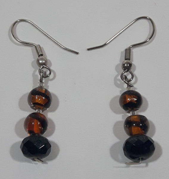 Dangling Small Plastic Orange and Black Bead 3/4" Long Fish Hook Earrings