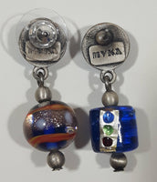 Vintage Myka Round and Cylinder Shaped Blue Multicolored 1 1/4" Art Glass Earrings