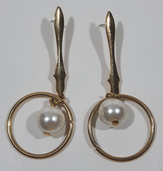 Faux White Pearl Gold Tone Metal Hoop 2 1/4" Dangling Earrings