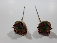 Very Decorative Red and Clear Rhinestone Gold Tone Cone Shaped 10 1/2" Long Earrings