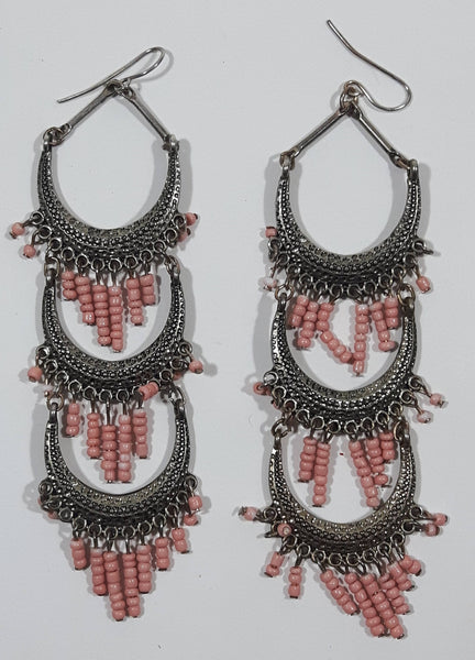 Vintage Orange Metal Triple Hoop with Small Pink Dangling Beads 4" Fish Hook Earrings