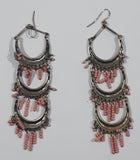 Vintage Orange Metal Triple Hoop with Small Pink Dangling Beads 4" Fish Hook Earrings