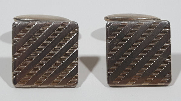 Vintage Dashed Diagonal Striped Pattern 1/2" x 1/2" Silver Tone Metal Cuff Links