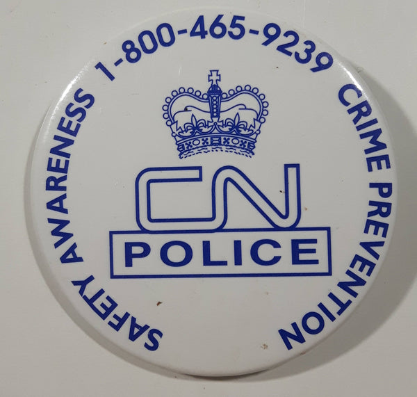 Vintage Canadian National Railway CN Police Safety And Crime Prevention Begins With you Circular Round White Button Pin - Railroad Colletible
