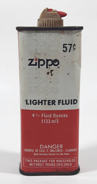 Vintage Zippo 57 Cent Lighter Fluid Red and White Tin Metal Container 4 1/2 Fluid Ounces 133 mL