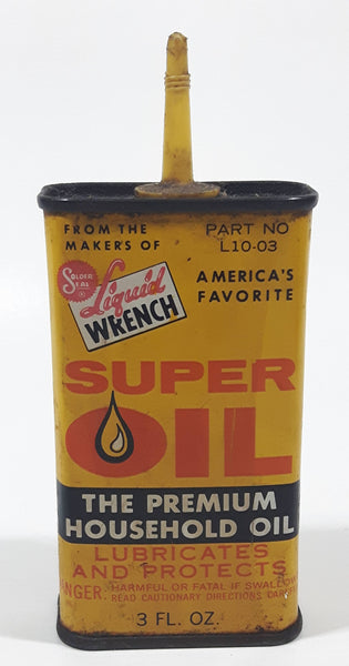 Vintage Super Seal Liquid Wrench Super Oil The Premium Household Oil Yellow  5" Tall Tin Metal Container 3 Fluid Ounces