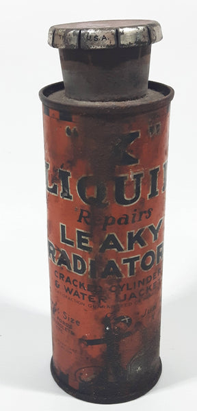 Rare Antique X Laboratories HX Liquid Repairs Leaky Radiator Orange 6 1/4" Tall Tin Metal Container 75 Cents Size For Fords Chevrolets Etc.
