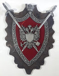 Vintage Cast Metal On Red Velvet and Wood 19" x 27" Medieval Coat of Arms Shield with Sword Wall Decor Piece