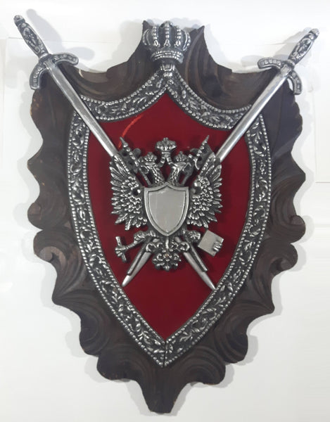 Vintage Cast Metal On Red Velvet and Wood 19" x 27" Medieval Coat of Arms Shield with Sword Wall Decor Piece