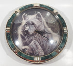 1995 Gail Adams Wolf Themed Painting 11 1/2" Round Faux Wood and Plastic Brass Wall Clock
