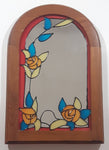 Red Bordered Blue Leaves Yellow and Orange Flowers Stained Painted Glass 9" x 13 1/2" Arched Wood Framed Glass Wall Mirror