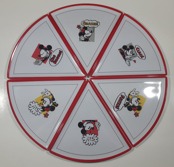 Disney Theme Parks Authentic Original Mickey Mouse and Minnie Mouse Saying Italian Words Pizza Slice Shaped Plastic Plates Set of 6
