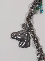 Western 1st Place Ribbon, Horse, and Horse Shoe Themed 6 1/2" Long Metal Bracelet with Small Beads
