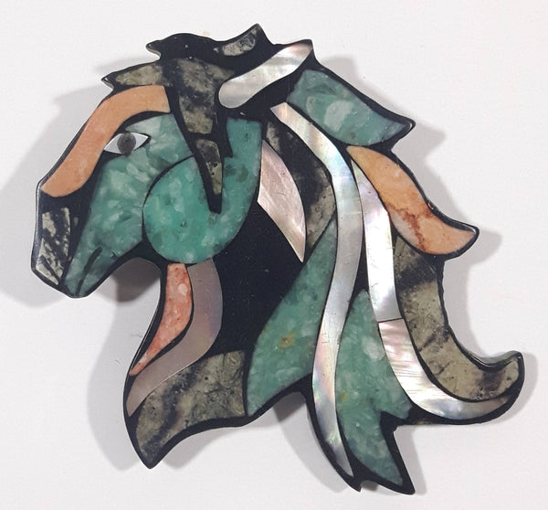 Vintage Mother of Pearl Abalone Horse Head Shaped Metal Brooch Pin