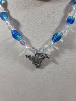 Blue and Clear Bead 16" Long Necklace with Metal Horse Pendant