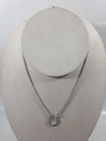 Blue Rhinestone Horse Shoe Shaped 16" Long Metal Chain Necklace