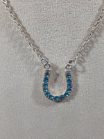 Blue Rhinestone Horse Shoe Shaped 16" Long Metal Chain Necklace