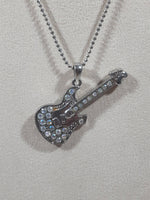 Iridescent Rhinestone Electric Guitar Shape Pendant 18" Long Metal Necklace