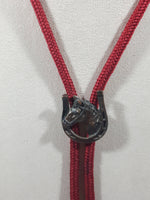 Western Horse Head in Horse Shoe Red Draw String Bolo Tie