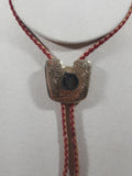 Western Horse Shoe Themed Red and Tan Diamond Pattern Draw String Bolo Tie