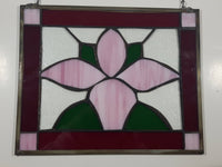 Vintage Pink Flower with Green Leaves Dark Red Bordered Leaded Stained Glass 11" x 13 1/4" with Chain Hangers