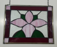 Vintage Pink Flower with Green Leaves Dark Red Bordered Leaded Stained Glass 11" x 13 1/4" with Chain Hangers