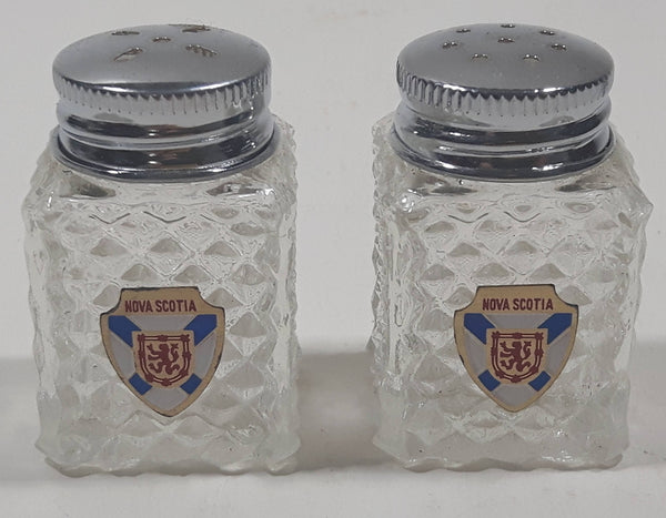 Vintage Nova Scotia Metal Top Clear Glass Small 1 3/4" Tall Salt and Pepper Shaker Set