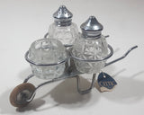 Vintage Celtic Brand Metal Cart Holder 6 1/2" Salt and Pepper Shaker Set with Sugar Jar