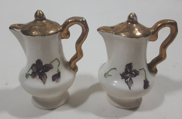Vintage Purple Flower Gold Painted Top Teapot Shaped Ceramic 2 1/4" Tall Salt and Pepper Shaker Set