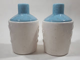 Vintage White and Blue Embossed Stoneware Jug Style 5 1/2" Tall Salt and Pepper Shaker Set Made in USA