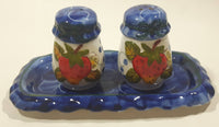 Vintage Strawberry Themed Hand Painted Blue and White 3" Tall Salt and Pepper Shaker Set with Tray