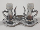 Vintage Astrodome Teapot Shaped Silver Metal 1 3/4" Tall Salt and Pepper Shaker Set with Tray