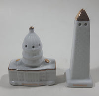 Vintage Washington Monument and U.S. Capital Shaped Gold Trimmed White Porcelain 2 5/8" and 3 5/8" Tall Salt and Pepper Shaker Set