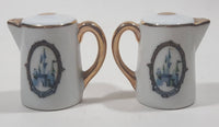 Vintage Walt Disney Productions Disneyland Castle Themed Victorian Lady and Police Officer Teapot Shaped Porcelain 2 1/4" Tall Salt and Pepper Shaker Set